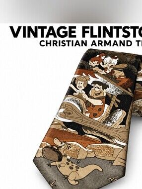 Christian Audigier Flintstones Cartoon Scene Tie in Brown, Tan, Black